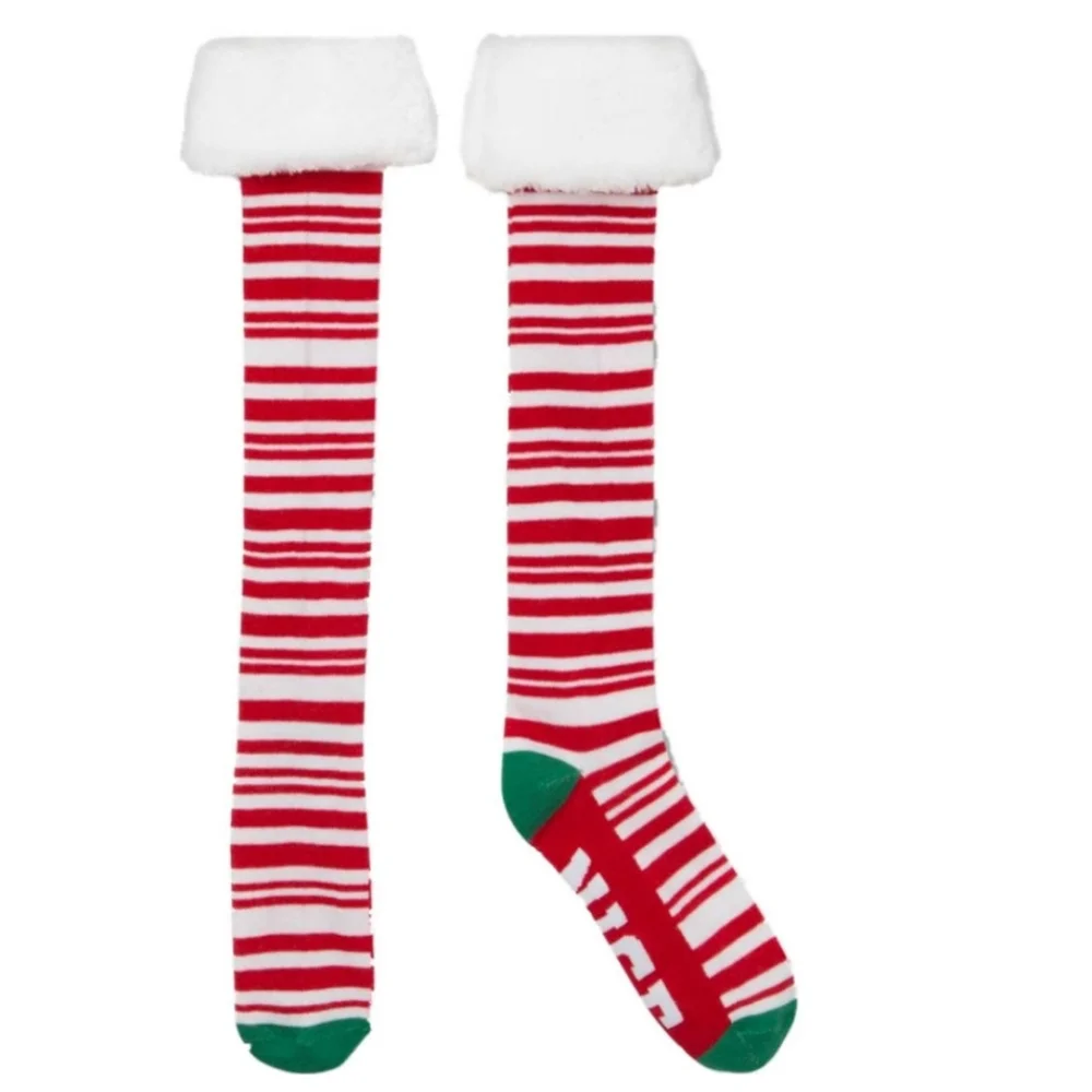 Womens Naughty Nice Striped Christmas Fuzzy Cuff Holiday Knee High Socks